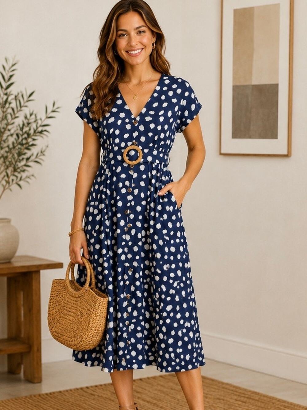 NWT THML Navy Abstract Dot Midi Dress Rattan Buckle Tie Belt Size Medium